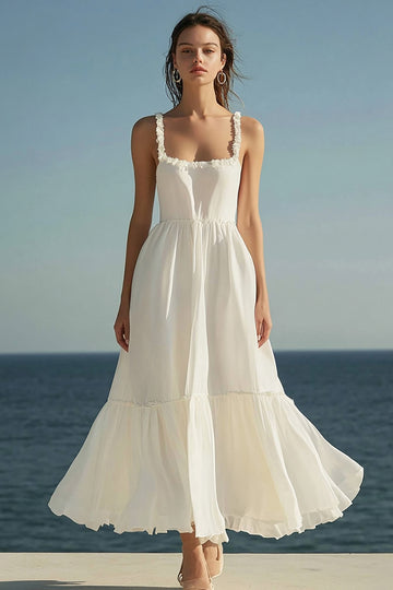 Ivory Square Neck A Line Maxi Wedding Reception Dress with Ruffles